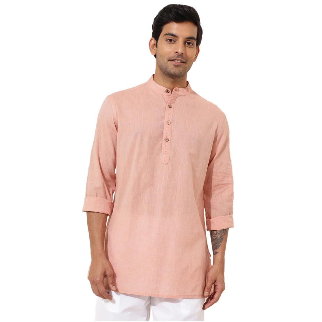 Fabindia Men's Cotton Solid Regular Kurta (1037084Peach_Orange