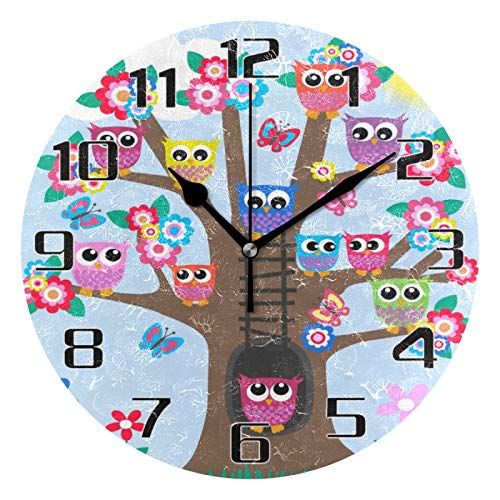 HMZXZ Horloge murale de 24,6 cm silencieuse, motif chouettes et fleurs, sans tic-tac, horloge ronde pour la maison, le salon, la cuisine, le bureau, l'école,...