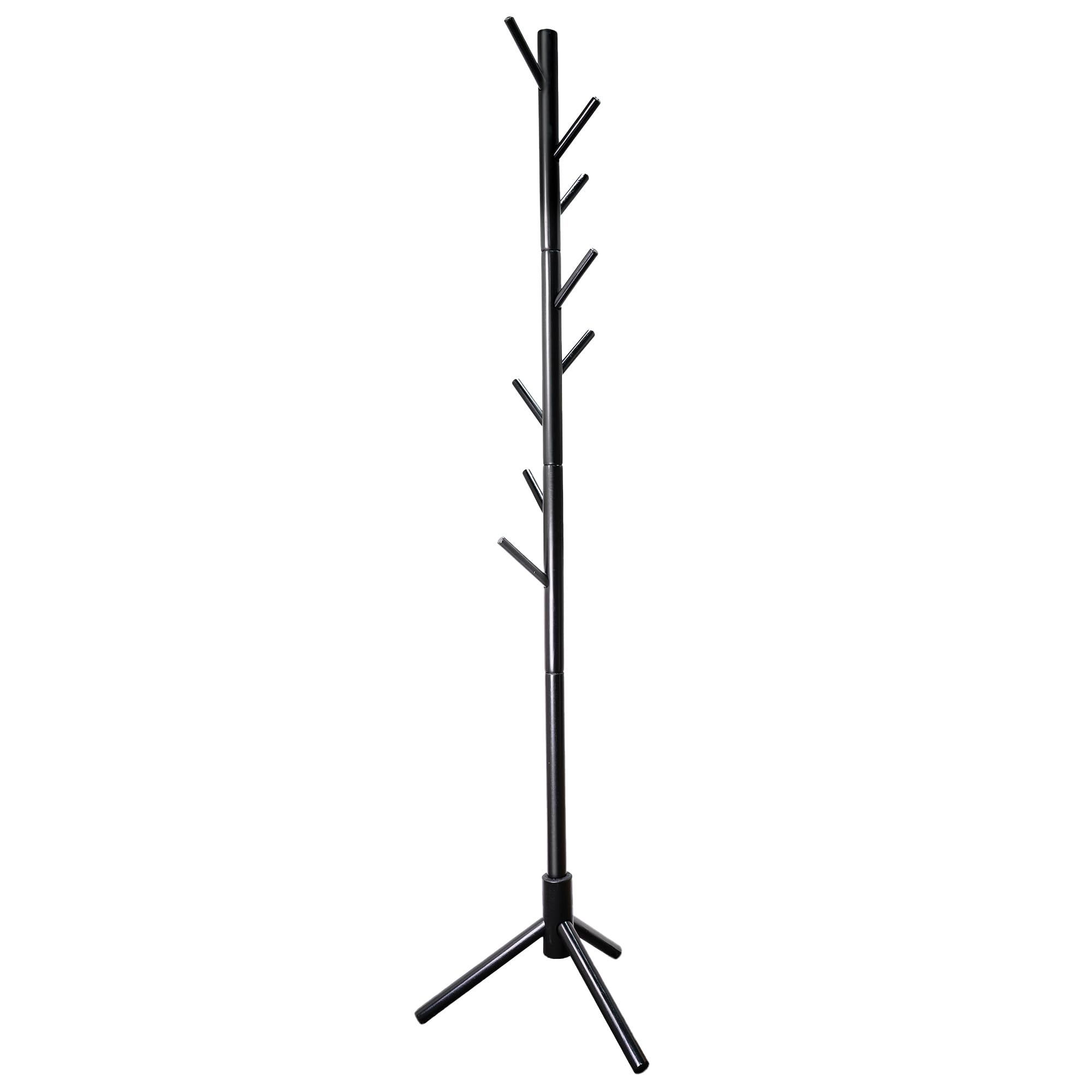 VaeFae Wooden Coat Stand with 8 Hooks, Freestanding Coat Rack, Hall Tree for Entryway, Hallway, Hats, Bags & Jackets (Black)