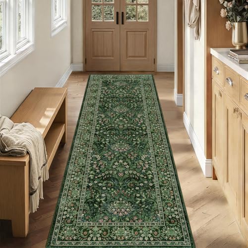 Woaboy Washable 2x6 Runner Area Rug, Hallway Kitchen Bedroom Beside Laundry Room Bathroom Rug，Non-Slip Low Pile Stain Resistant Soft Carpet for Vintage Boho Floral Home Decor Grass Green