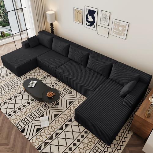 Image of 160 inch U-Shape Cloud Couch, Modern Modular Sectional U-Shape Sofa, Corduroy Boneless Couch Upholstered Couches Deep Seat Sleeper Chaise Longue for Living Room, No Assembly Required, Black