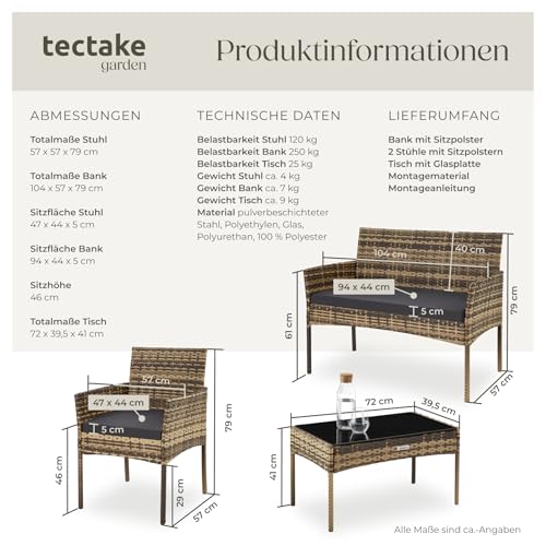 tectake® Rattan Gartenmöbel Set, Outdoor Lounge Möbel,1x Gartenbank, 2X Stuhl, 1x Balkontisch, mit Outdoor Kissen wetterfest, Balkonmöbel Kleiner Balkon, Lounge Gartenmöbel, Terrassenmöbel - Natur 6