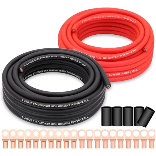 Taukealugs 4 Gauge Wire Copper Clad Aluminum CCA 50FT Black/Red with 4ga lugs and Heat Shrink Tube - Battery Power/Ground Cable Car Audio Speaker RV Trailer Amp Wiring kit