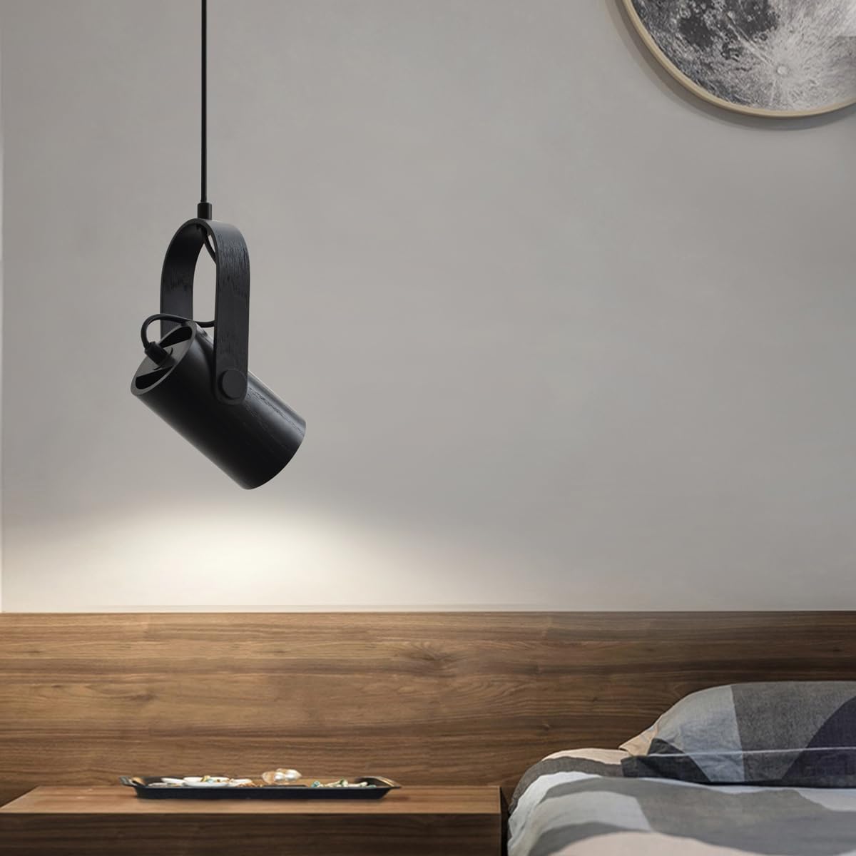 Lampa wisząca, 1 żarówka, czarna, reflektor, regulowany kąt światła, drewno w stylu vintage, z regulacją wysokości, nowoczesna lampa wisząca Gu10, do jadalni, kuchni, sypialni, stolika