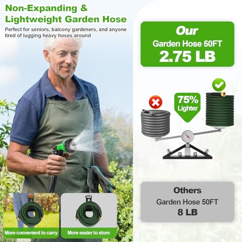 Image of Garden Hose 50ft, Non-Expanding Flexible Hose with 10 Function Nozzle, Lightweight, Kink Free, Sturdy, Leak-Proof, Portable, Water Hose 50ft for Outdoor, Yard, Lawn, Car Wash and Camper Use