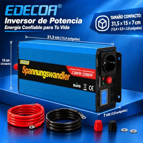 Miniatura 7 de Edecoa Inversor 12v A 220v 1200w Onda Modificada Tomas Ac Pantalla Lcd Para Coche, Autocaravana, Camping Protección Sobrecarga Convertidor Corriente Transformador Energía