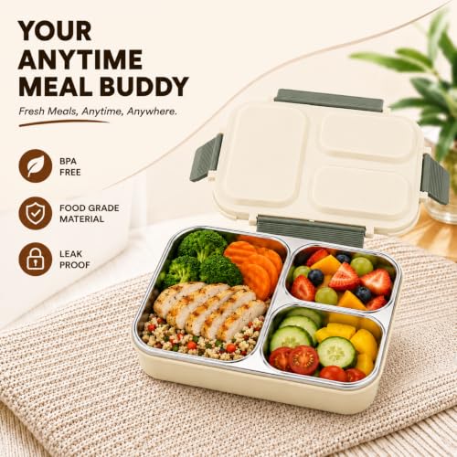 Image of Stainless Steel Lunch Box for Kids, 304 Grade Steel 3 Compartment Leakproof Tiffin Box for Boys & Girls, School Lunch Box, Travel Food Container & Snack Box, Green