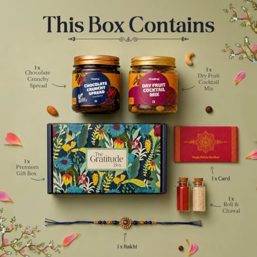 Image of Gladful Premium 5 Items Rakhi Gift Box | Blue Gratitude Hamper with Cocktail Nut Mix, Crunchy Chocolate Spread, Rakhi & Greeting Card | Luxurious Raksha Bandhan Gift