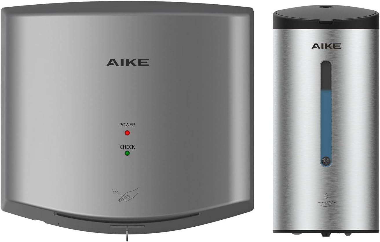 AIKE Automatic Hand Dryer and Soap Dispenser Bundle, Model AK2630 Silver & AK1205 Brushed