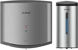 AIKE Automatic Hand Dryer and Soap Dispenser Bundle, Model AK2630 Silver & AK1205 Brushed