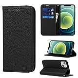 Copmob Coque iPhone 13 avec Cordon,Etui iPhone 13,Flip Cuir veritable Portefeuille Étui en Cuir,[4 Porte Cartes][Fermeture magnétique][Laniere],Clapet Housse Etui pour iPhone 13   Noir