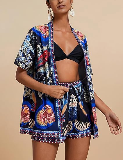 Women Boho Tropical Print Beach Cover Up 2 Piece Set Summer Short Sleeve and Shorts Lounge Outfit Lightweight - Image 3