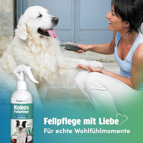 napfpower Fellpflege Hund mit Kokosduft (250 ml) – Entfilzungsspray & Fellglanzspray für einfache Kämmbarkeit – Fellspray für EIN staubfreies Hundefell - Entwirrt verknotetes Fell & pflegt sanft