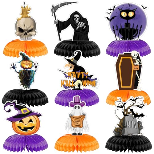 Halloween Table Decorations - 9Pcs Halloween Centerpieces for Tables Black Orange Honeycomb Centerpieces Pumpkin Ghost Witch Cat Table Topper for Spooky Birthday Party Supplies