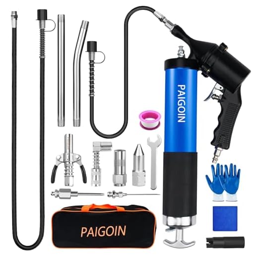 PAIGOIN Pneumatic Grease Gun Kit 6000 PSI Heavy Duty 14 OZ Pistol Grip Grease Guns with 19" & 28" Spring Flex Hose,Quick Release Coupler,90 Degree Adapter,2 Needle Tips,2 Nozzles,2 Extension Tubes