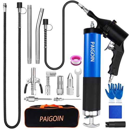 PAIGOIN Pneumatic Grease Gun Kit 6000 PSI Heavy Duty 14 OZ Pistol Grip Grease Guns with 19 & 28 Spring Flex Hose Quick Release Coupler 90 Degree Adapter 2 Needle Tips 2 Nozzles 2 Extension Tubes