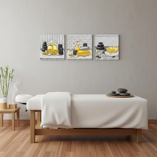 Miniatura 5 de RnnJoile Arte de pared de lienzo para spa con piedra Zen y orquídea, pintura de estilo bodegón amarillo, impresiones para decoración de baño,