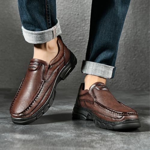 Men's Fashion Cow Leather Slip-On Casual Loafers Retro Soft Thick Sole Comfy Non Slip Breathable Business Oxfords Lightweight Outdoor Work Drving Shoe4