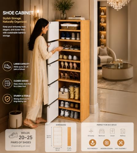 Image of 5-Door Engineered Wood Shoe Rack, 11-Tier Wooden Shoe Rack for Entryway, Shoe Storage Cabinet with Doors Adjustable Shelves, Wooden Shoes Rack Organizer - NEW (Mapple, 9 - Layer)