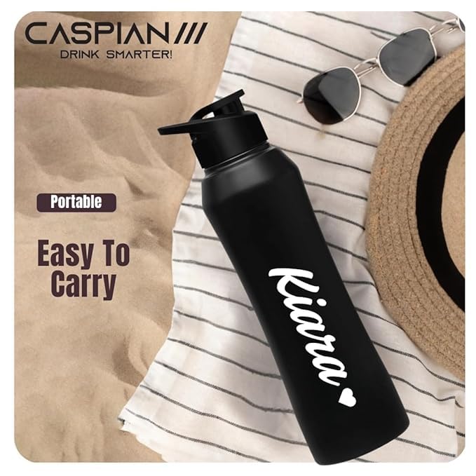Image of CASPIAN / / / Trek Customised Stainless Steel Water Bottle 1L, Religious Symbol Print with Name - Spiritual Personalised Bottle for Temple, Office, Yoga & Corporate Gifting (Black)