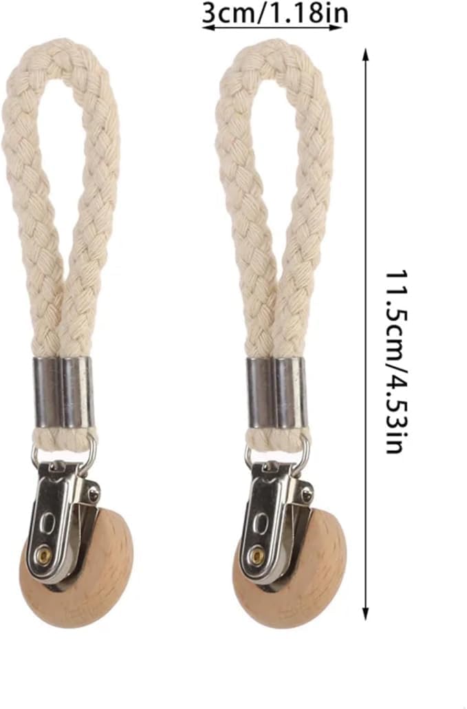 2PCS Beige,Metal Hanging Tea Towel Clips with Wooden Head & Braided Rope Loop,Kitchen/Bathroom Towel Holders for Dishcloths,Hand Towels