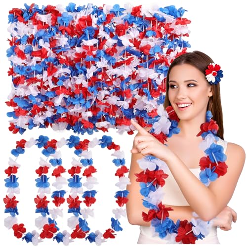 FeelfunFeather 25 Pack Patriotic Leis Red White and Blue Hawaiian Lei Bulk 4th of July Garlands Luau Flower Necklaces for Memorial Day Decoration Party Favors
