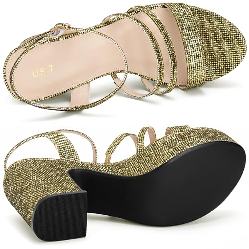Allegra K Allegra K Women's Sparkle Strappy Platform Chunky Silver Glitter Heels Sandals 7 M US