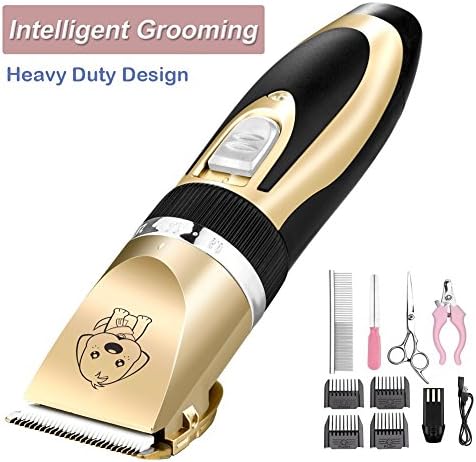 Dog Grooming Clippers Professional Heavy Duty Quiet Rechargeable Cordless Pet Grooming Clippers Kit with Clipper Accessories Tool of Electronic Shaver Comb for Small Dogs Cats Horse (Gold)