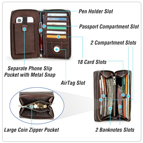 Image of Top Grain Genuine Leather Zipper Clutch Wallet for Man & Woman, Handmade Vintage Design, Multi Slots & Side Pocket & Strap, RFID Large Capacity for Cards /Checks /Passports /Phone /Pen /AirTag, Red Coffee