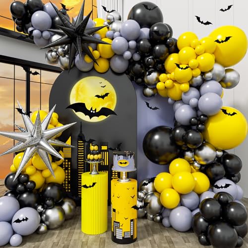 127PCS Black Yellow and Silver Balloons Arch Garland Kit Bat Theme Balloon Arch for Men with Foil Balloons for Baby Shower Bat Theme Birthday Party Decorations