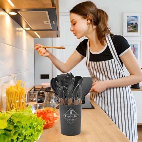 Image of Silicone Kitchen Spatula and Utensils Spoon Set Cooking + Baking Set- 11 Pcs Non-Stick with Wooden Handle-BPA Free, Heat Resistant Item, Flexible Non Toxic Silicon Cookware Tools (Black)