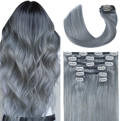 UGOTRAY Silver Clip in Hair Extensions Real Human Hair 70G Gray Remy Human Hair 22 Inch Soft Silky Straight for Full Head 7pcs 16clips One Pack (22 Inch #Silky/Gray)