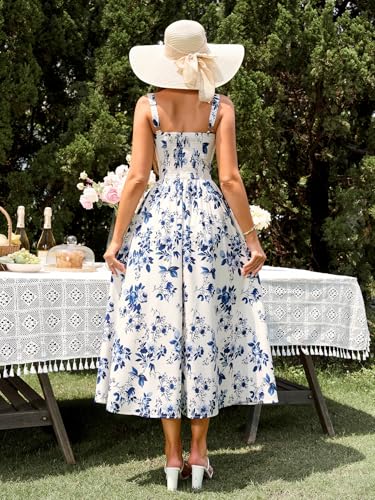 Image of KUTUMAI Floral Corset Midi Dress Flowy Slit Summer Spring Wedding Guest Dresses for Women Sundress with Pockets