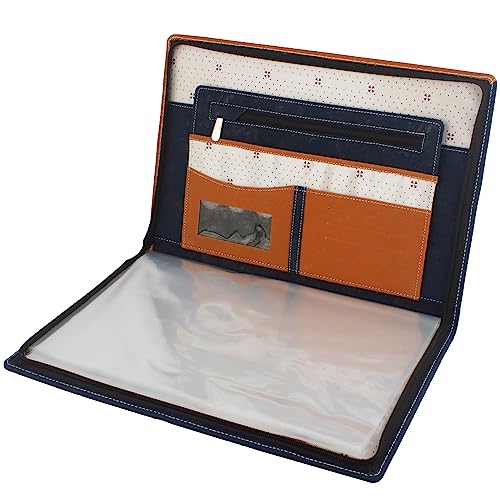 Image of Professional PU Leather Multipurpose B4 Size Document Holder 20 Leafs Zipper File Folder Organizer for Certificates, Marksheets, Degrees, Interview Portfolio, Important Documents (Brown-Blue)