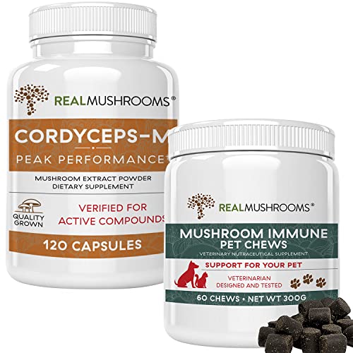 Real Mushrooms Cordyceps For Humans (120Ct) & Mushroom Immune Pet Chews (60Ct) - Bundle For Energy, Vitality & Immunity - Ashwagandha, Astragalus & More - Vegan, Non-Gmo, Gluten-Free, Grain-Free #TOP23