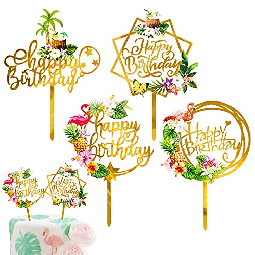Whaline Acrylic Birthday Cake Topper Tropical Hawaiian Luau Theme Happy Birthday Cake Picks Flamingo Pineapple Coconut Tree Cupcake Centerpiece For Adults Birthday Party Decor, 4 Pack #TOP15