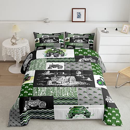 Tractor Bedding Set Twin Size Equipment Trucks Comforter Set Farmhouse Harvester Down Comforter for Kids Boys Car Bedroom Decor Green Vehicle Quilt Set Plaid Comforter with 1 Pillowcase, Gre