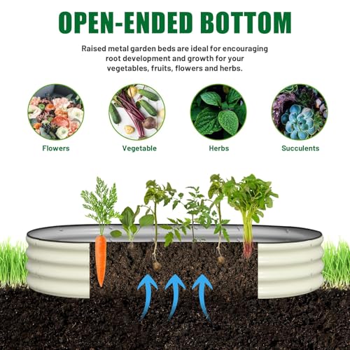 Image of SnugNiture 2 Pcs 6x3x1ft Oval Metal Raised Garden Bed for Vegetables, White | Protective rubber edging strips thickened corrugated galvanized steel