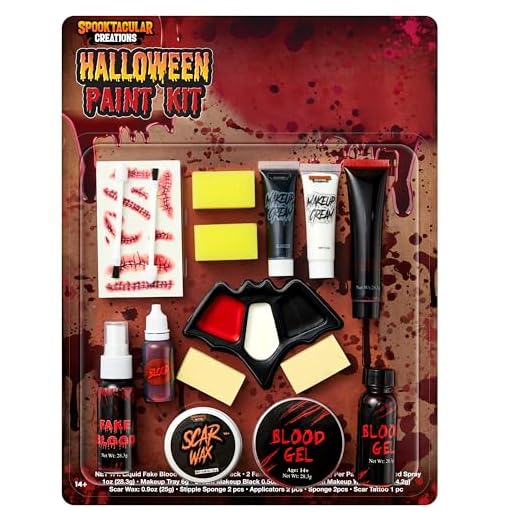 Spooktacular Creations 16 Pcs Halloween Family Makeup Kit Face Body Paint with Liquid Blood Gel, Fake Blood and More Easy On & Easy Off Makeup Set for Cosplay Halloween Party Supplies