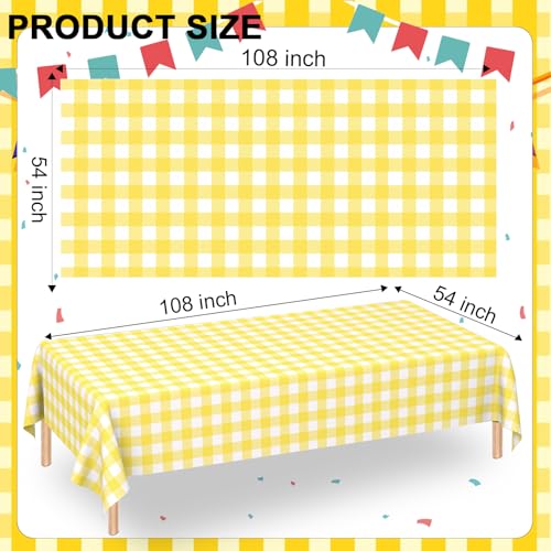 Image of WNINK 2 Pack Light Yellow Gingham Rectangular Plastic Tablecloths, Yellow and White Checkered Disposable Table Covers 54 inch x 108 inch for Birthday, Wedding, Bridal Shower, Outdoor Picnic Camping Parties
