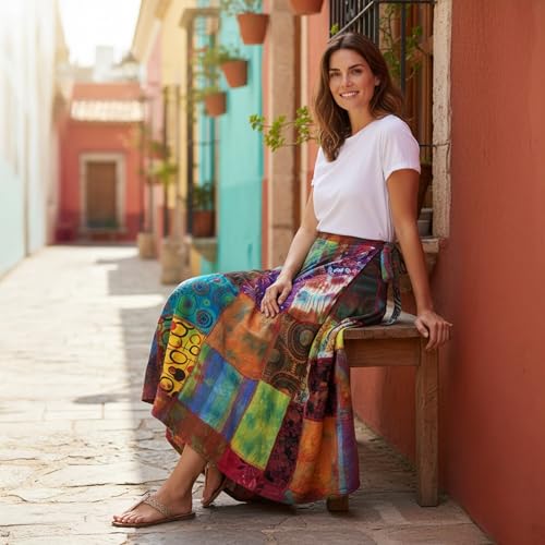 Image of Agan Boho Maxi Wrap Skirt for Women, Tie Dye Cotton Long Flowy Summer Skirt