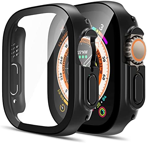 TAURI 2 Pack Hard Case Compatible for Apple Watch Series 3/2/1 42mm with 9H Tempered Glass Screen Protector, [Touch Sensitive] [Full Coverage] Slim Bumper Protective Cover for iWatch 42mm - Black