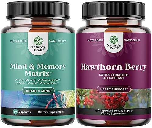 Bundle of Enhance Brain Memory, Boost Focus, Improve Clarity Mind Booster and Extra Strength Hawthorn Berry Capsules - Contains Vitamins and Pure Herbal Ingredients - Hawthorn Extract Digestion