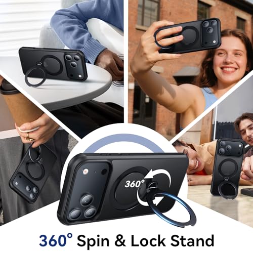 Peerock 360 Spin Magnetic Stand (Pro-Version) for iPhone 17 Pro Max Case (Compatible with MagSafe) [Military Drop Protection] Matte Translucent Shockproof Protective Phone Case 6.9'', Black - image 3