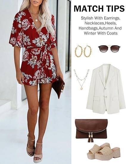 AIMCOO Women's Summer Deep V-Neck Floral Print Romper Ruffle Hem Half Flared Sleeve Jumpsuits Waist Tie Casual Short Rompers - Image 4