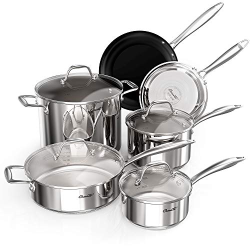 Ciwete 1810 Stainless Steel Cookware Set 10-Piece Kitchen Induction Pots and Pans Set with Tempered Glass Lids 3-Ply Base