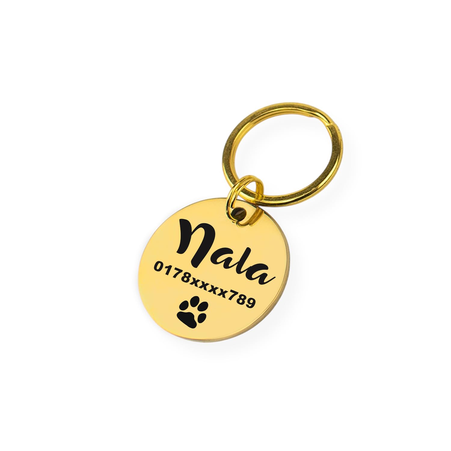 Personalized Dog ID Tag for Pets UK | Engraved with name, telephone number backside | Stainless Steel, Solid Brass or rose gold - round for collar (gold)