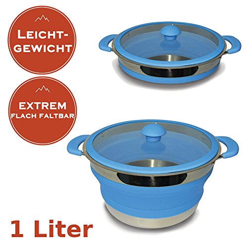 CamperWave Faltbarer Leichtgewichtstopf 1 Liter - Camping Kochtopf aus Metall und Silikon - MINIMALES Packmaß + MINIMALES Gewicht - spülmaschinenfest