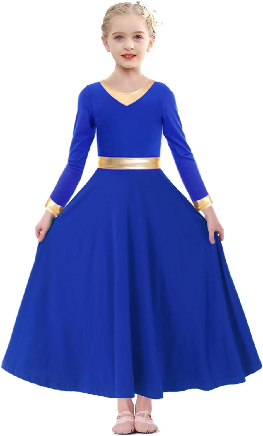 Girls Parise Dance Dress Long Sleeve Loose Fit Liturgical Worship Costume Metallic Gold Church Robe