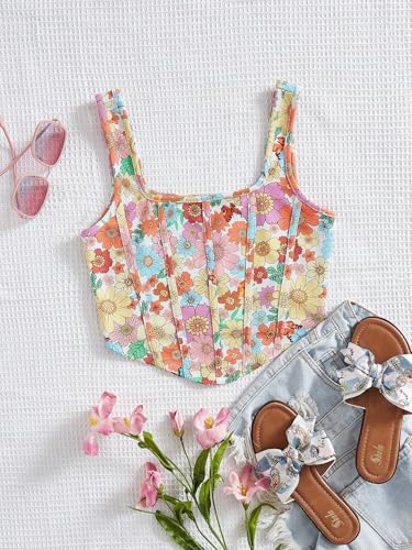 Image of mikuchiku Women's Floral Corset Tank Top, Printed, Sleeveless Crop Top